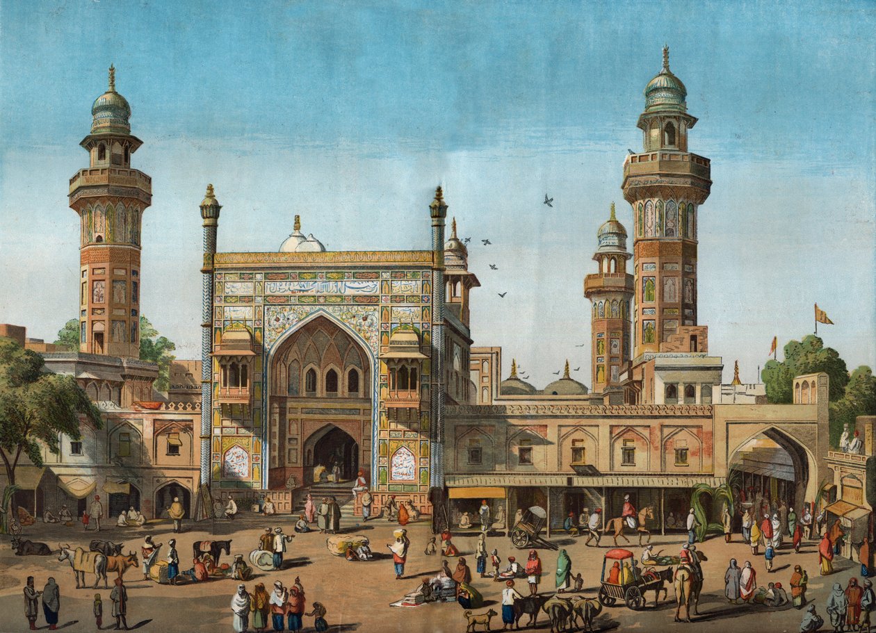 Zewnętrzny widok na meczet Wazir Khan w Lahore, Pakistan. Grawerowanie w „Ilustrowanych londyńskich wiadomościach” z 22 maja 1858 r. autorstwa Unknown artist