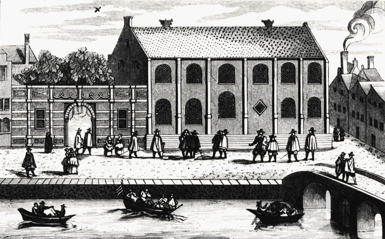 Widok z zewnątrz na budynek Uniwersytetu w Leiden założony w 1575 roku przez Guillaume de Nassau. Grawerowanie według „”Illustium Hollandiae, etc, Ordinum, Alma academia Leydensis”” autorstwa Unknown artist