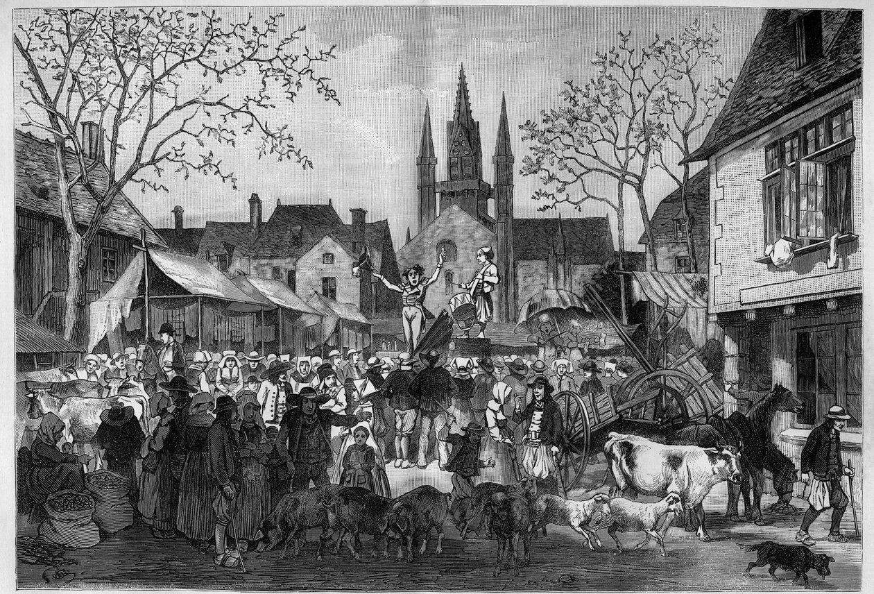 Jarmark w Bretanii na rynku wsi. Grawerowanie w „”Le Monde Illustré”” autorstwa Unknown artist