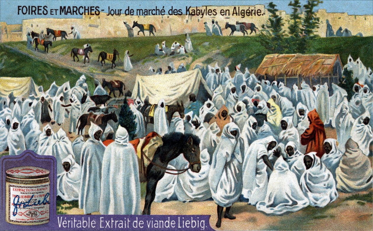 Targi i jarmarki: Dzień targowy w Kabylu w Algierii. Chromolitografia, obraz Liebiga. autorstwa Unknown artist