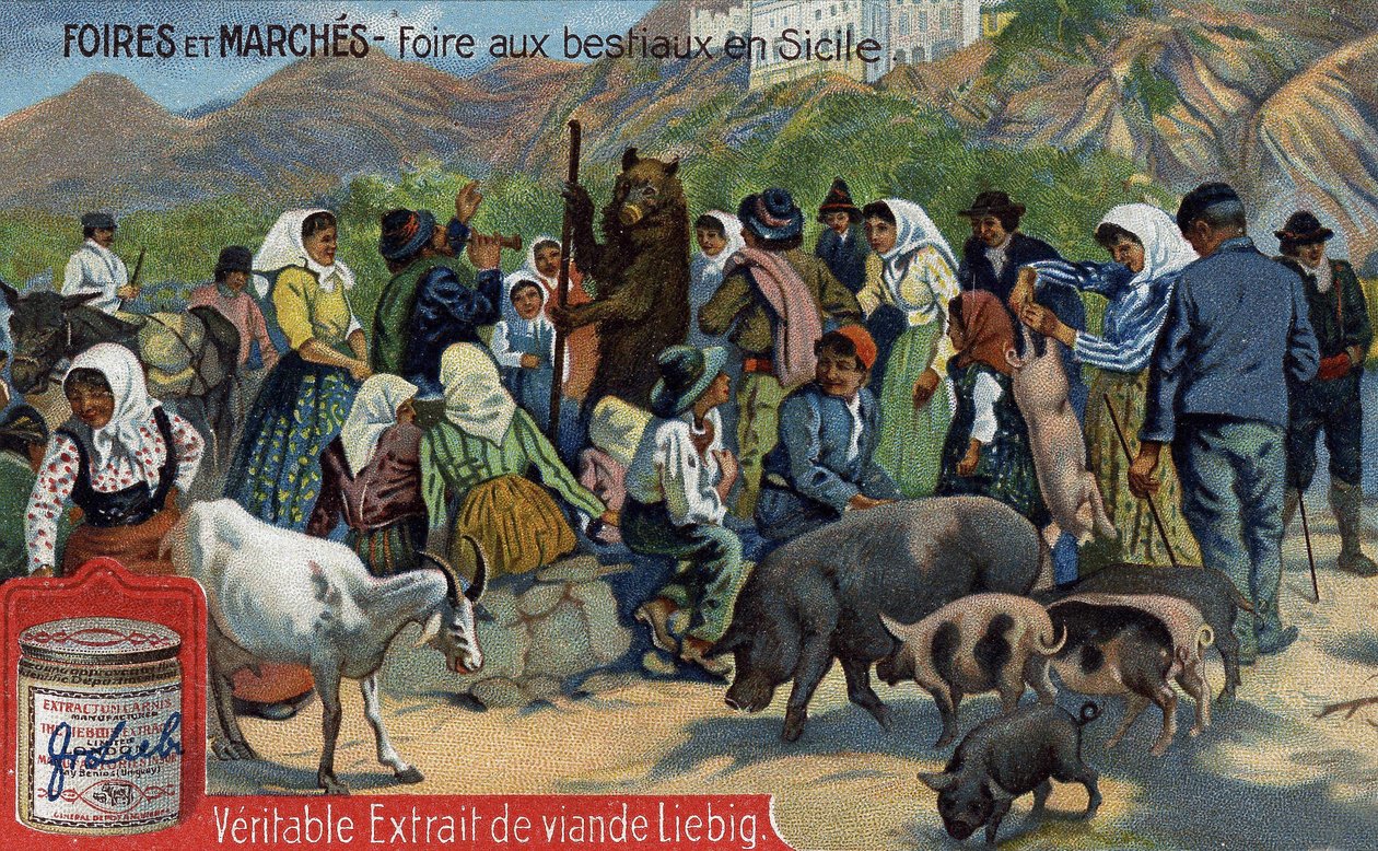 Targi i targi: targi bydła na Sycylii. Chromolitografia, obraz Liebiga. autorstwa Unknown artist