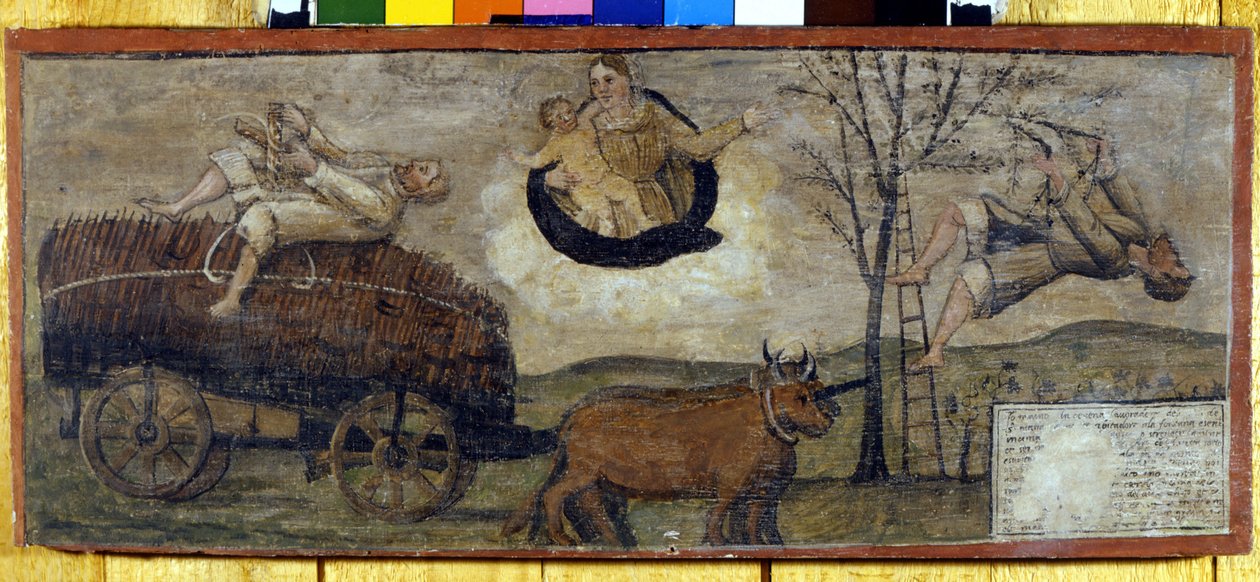 Upadek drzewa na wóz wypełniony sianem. autorstwa Unknown artist