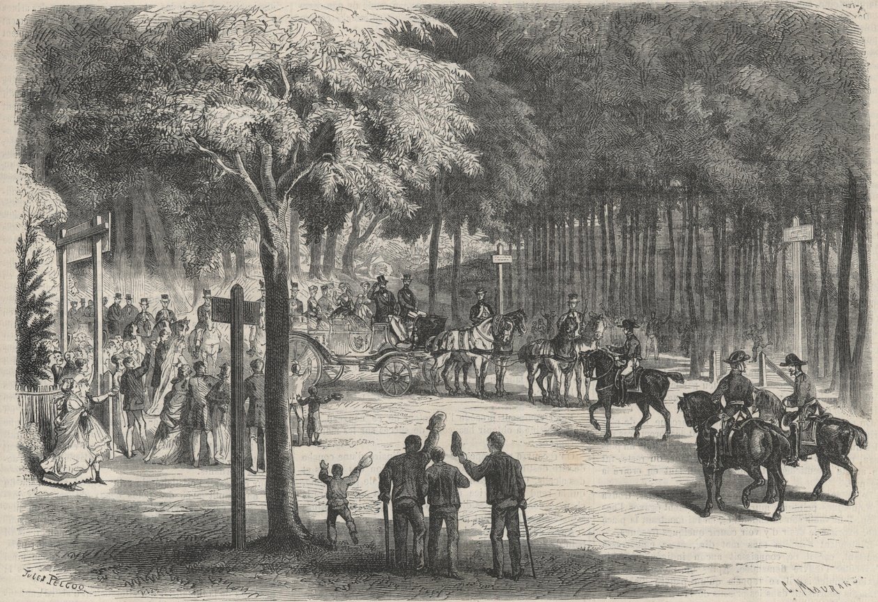 Pobyt rodzinny w Fontainebleau: wycieczka ich majestatów do ruin Francchart. Wesele wita przejście cesarza Napoleona III (1808-1873) i jego rodziny. Grawer w „Prześwietnym Wszechświecie” autorstwa Unknown artist