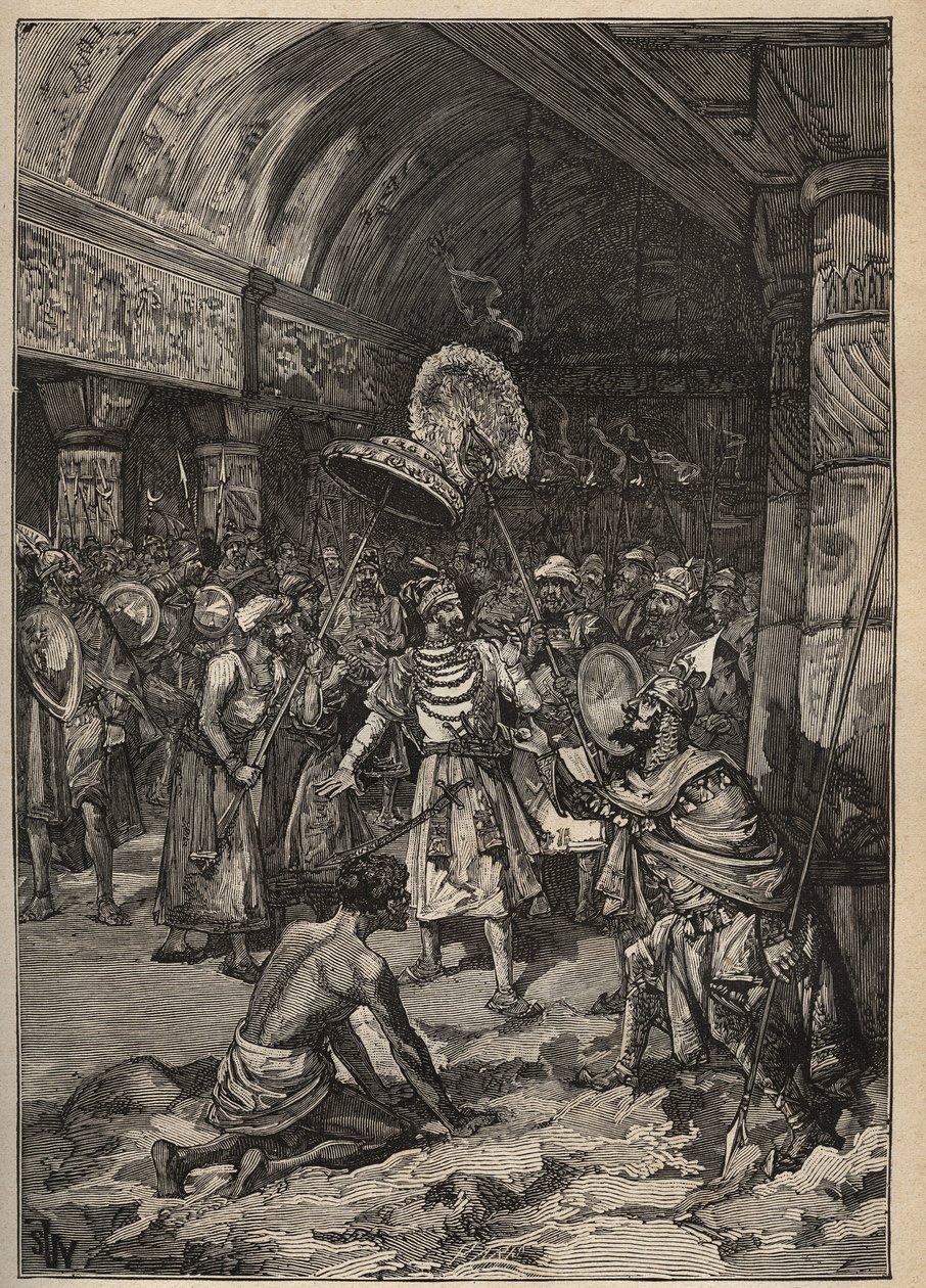 Słynne diamenty: maharadża z Lahore, Ranjit Singh (1780-1839), przejmuje diament Koh-i Nor (Koh i Nor, Kuh-e Nur, Kuh e Nur, Koh-i-noor, Koh i Noor). Grawer z 1885 roku w „Les arts et metiers illustres” Adolphe BITARD. autorstwa Unknown artist