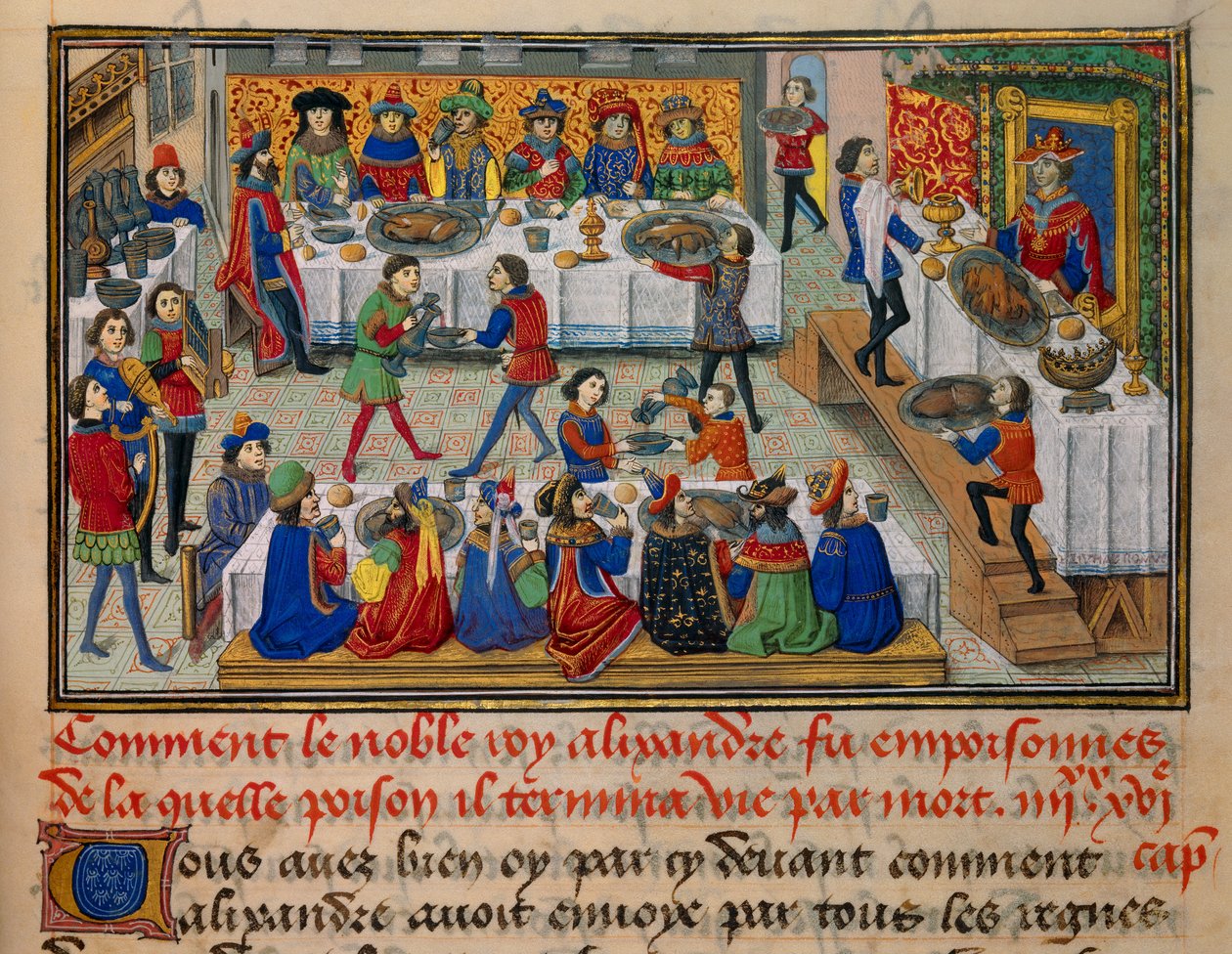 Scena biesiadnego posiłku, serwowanego królowi Aleksandrowi i jego dworzanom w ostatnich dniach jego życia. Miniatura zaczerpnięta z „La Vraye Histoire du Bon Roy Alixandre” Callisthenesa lub Kallisthenesa (ok. 360-328 pne) autorstwa Unknown artist