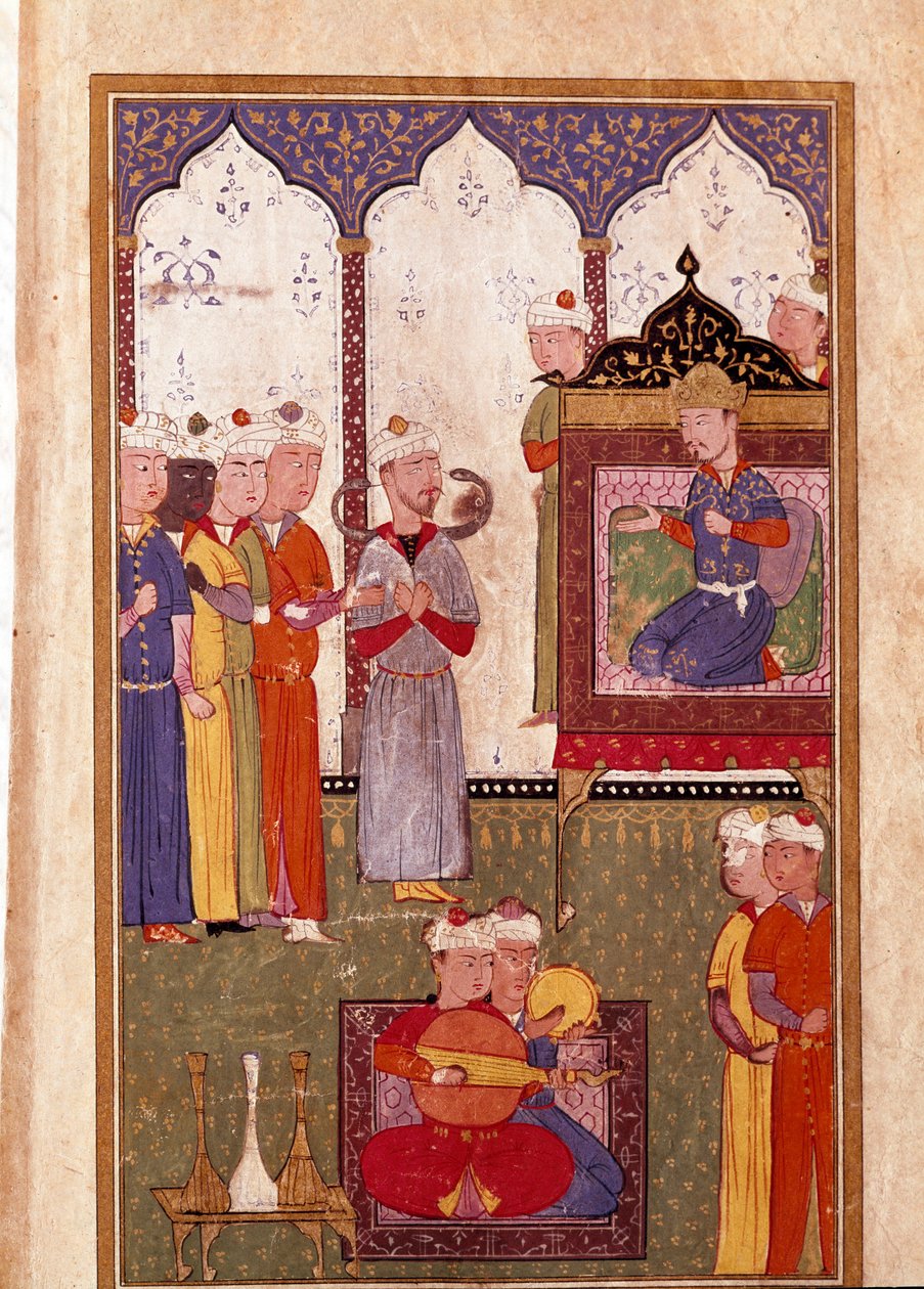 Uczta zorganizowana przez sułtana z zaklinaczem węży i miniaturowymi muzykami z XVI-wiecznego rękopisu. Wenecja, Biblioteca Marciana autorstwa Unknown artist