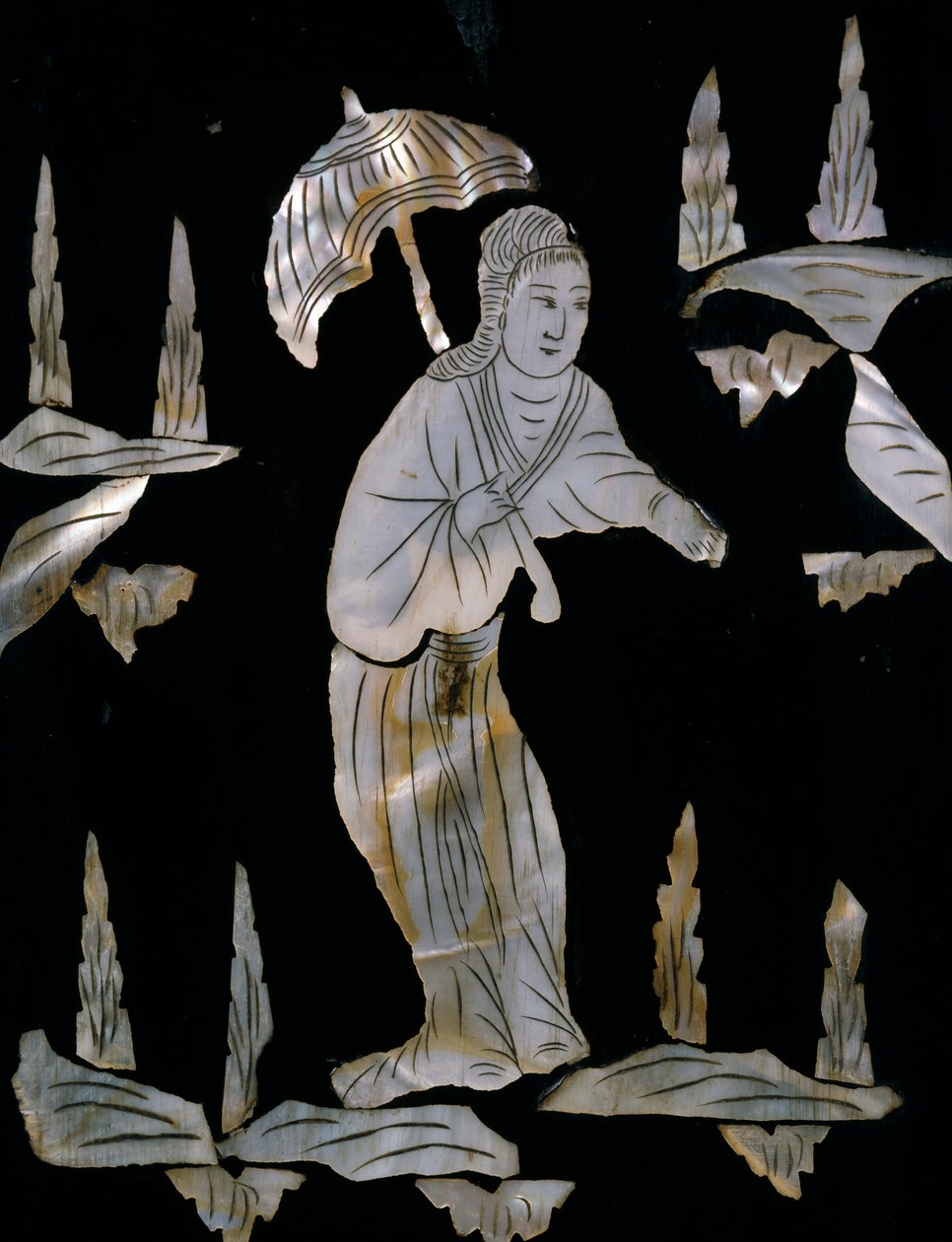 Figurka kobieca z parasolem, detal z szafki inkrustowanej masą perłową z dekoracją chinoiserie autorstwa Unknown artist
