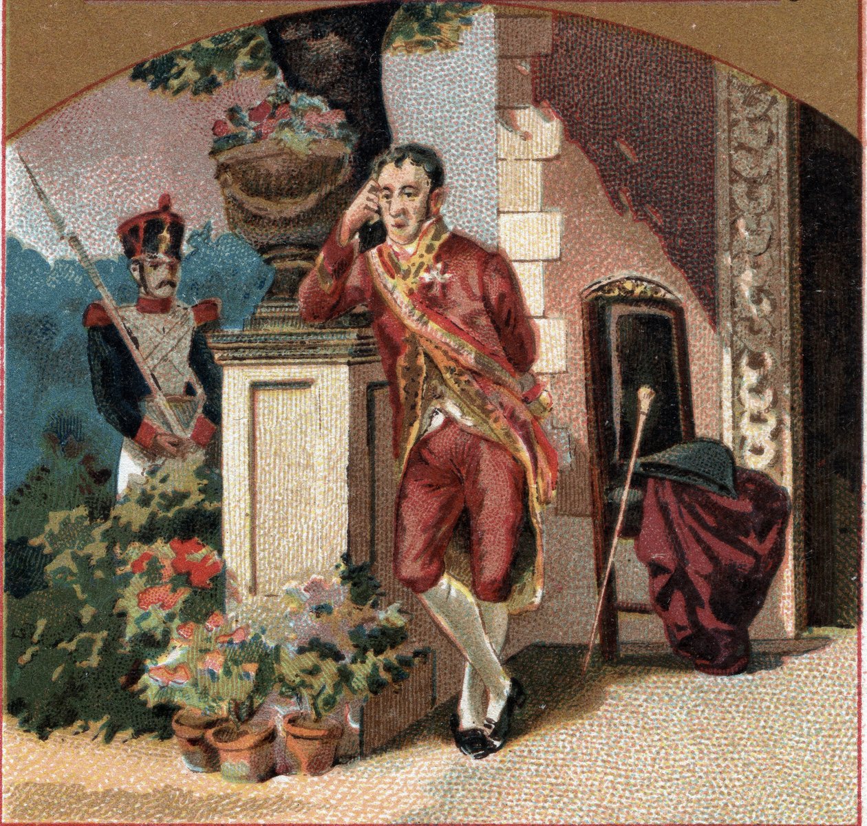 Ferdynand VII (1784-1833) jeniec Napoleona I na zamku Valencay (Indre). Chromolitografia z końca XIX wieku autorstwa Unknown artist