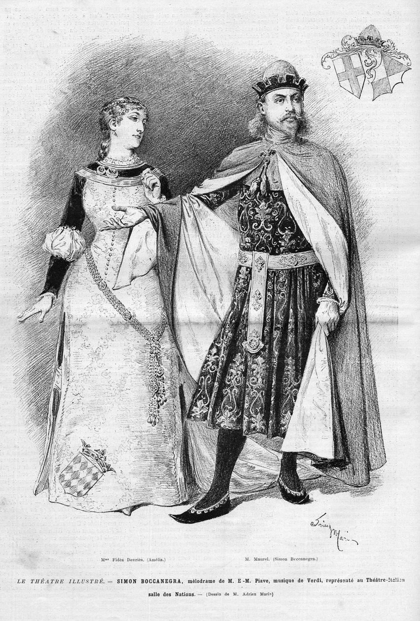 Fides Devries w roli Amelii i Victora Maurel (1848 -1923) w roli Simona Boccanegry w operze eponim w trzech aktach Giuseppe Verdiego, libretto Francesco Marii Piave według utworu Antonio Garcii Gutierreza, przedstawiciela na Itali autorstwa Unknown artist
