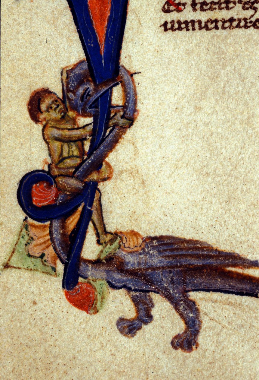 Walka między smokiem a człowiekiem Fragment miniatury z XIV wieku autorstwa Unknown artist