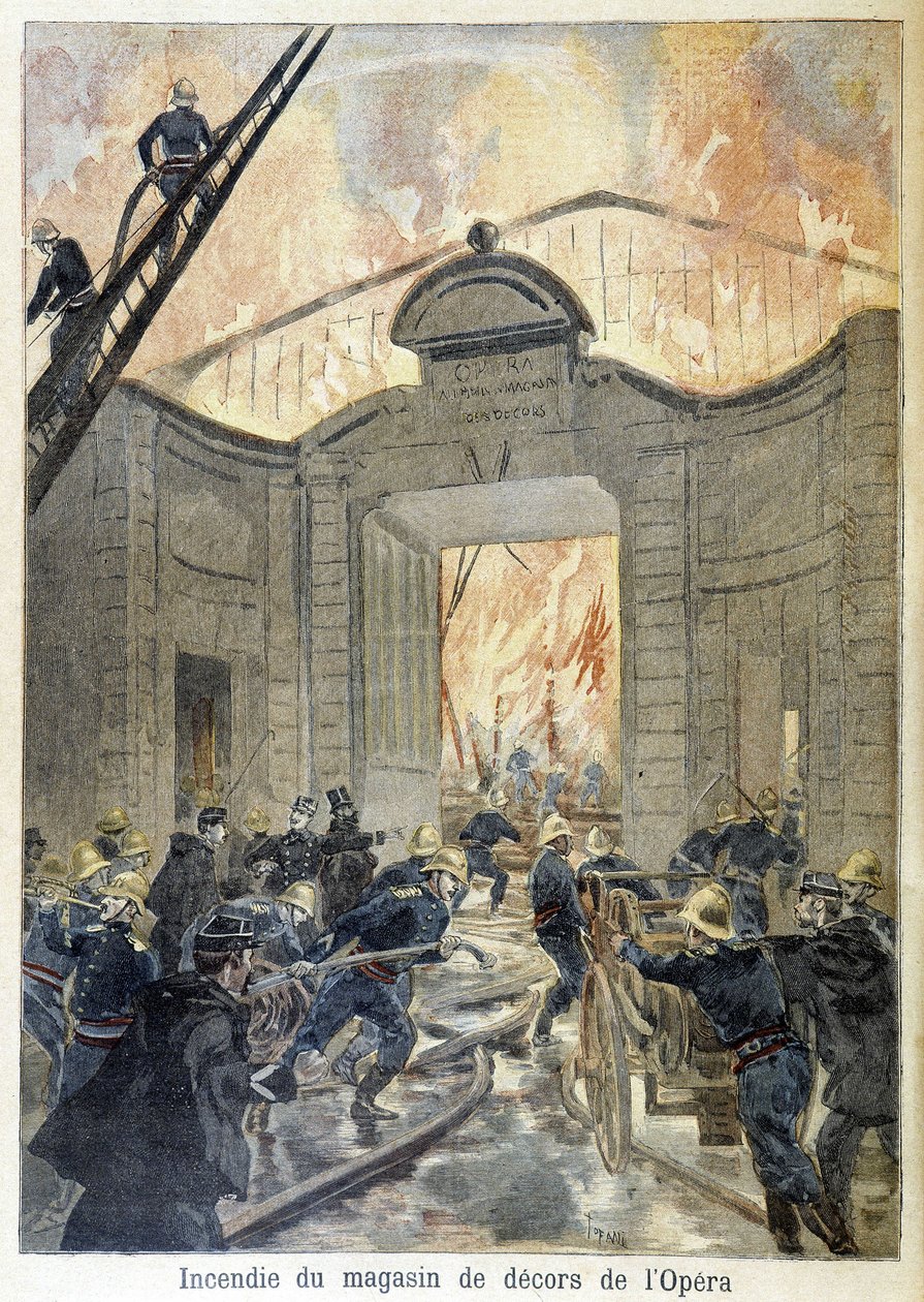 Interwencja straży pożarnej podczas pożaru sklepu z dekoracjami opery. ilustracja „Petity Journal” z 1894 roku. autorstwa Unknown artist
