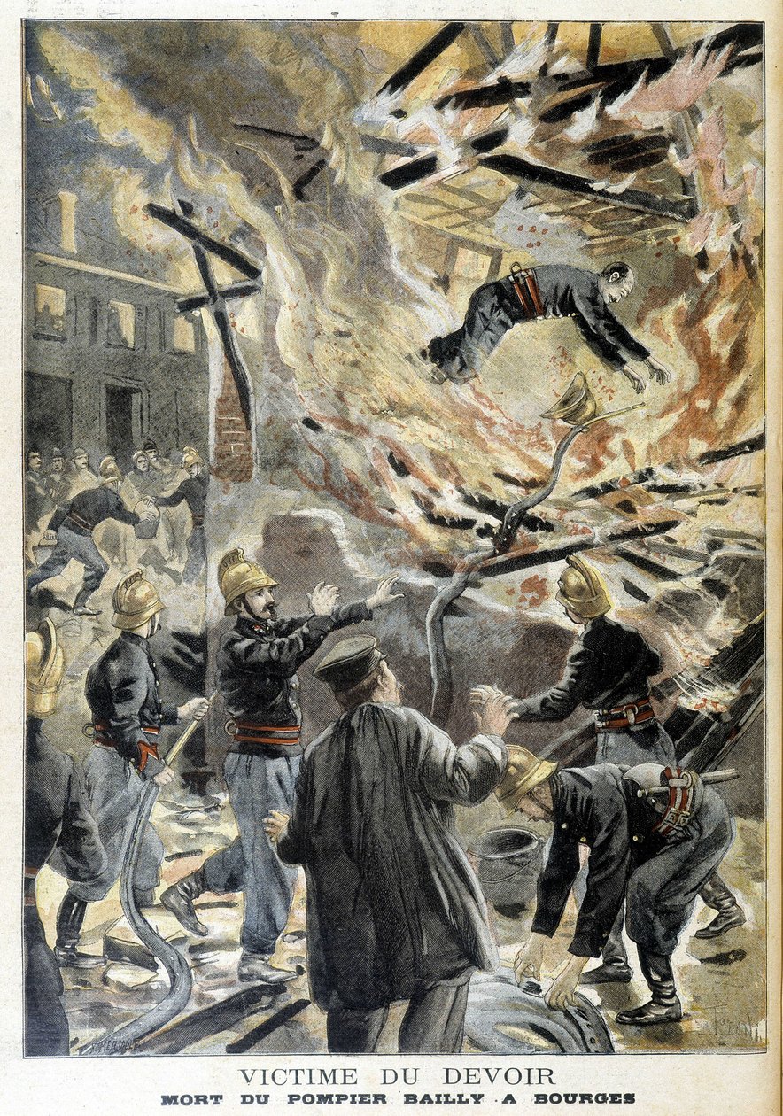 Strażak Bailly zginął w Bourges w pożarze podczas interwencji. Ilustracja „Małego Dziennika” z 1898 r. autorstwa Unknown artist