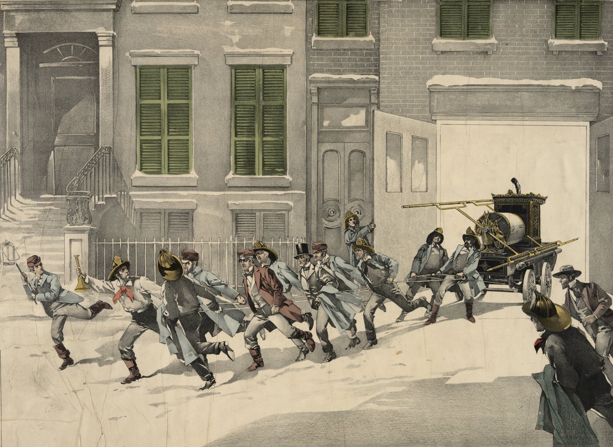 Strażacy odbierają telefony alarmowe z miejsca pożaru, akwarela z 1895 r. USA autorstwa Unknown artist