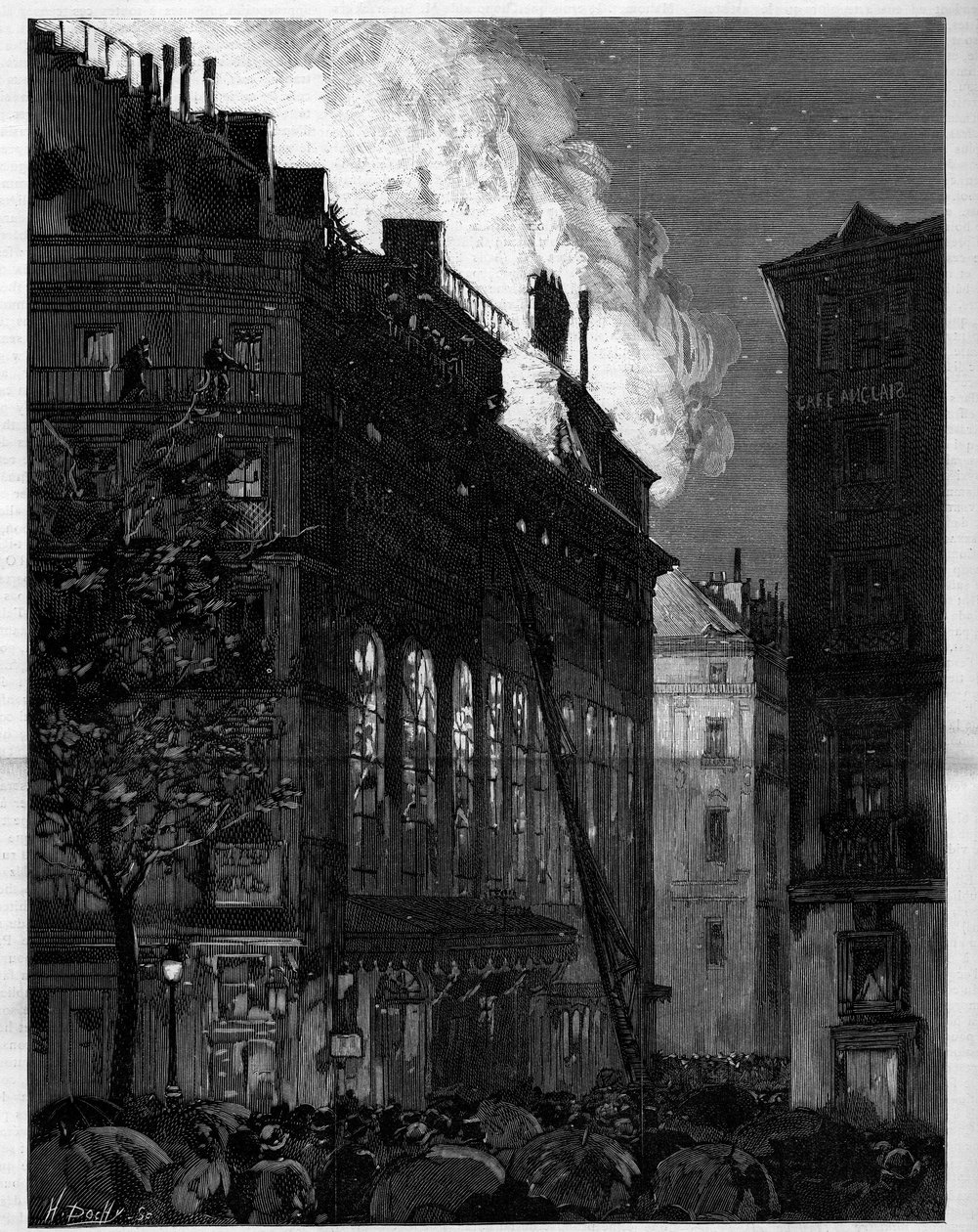 Pożar Opery Comique (Opera-Comique) w Paryżu widziana z Rue Marivaux i Boulevard des Italians 26 maja 1887 r. Grawer w „Le monde illustrious”” autorstwa Unknown artist