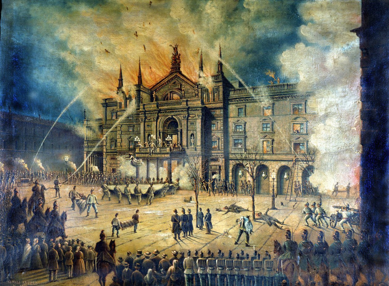 Pożar wiedeńskiej Opery Wiener Ringtheater w 1881 r. Rysunek z XIX wieku autorstwa Unknown artist