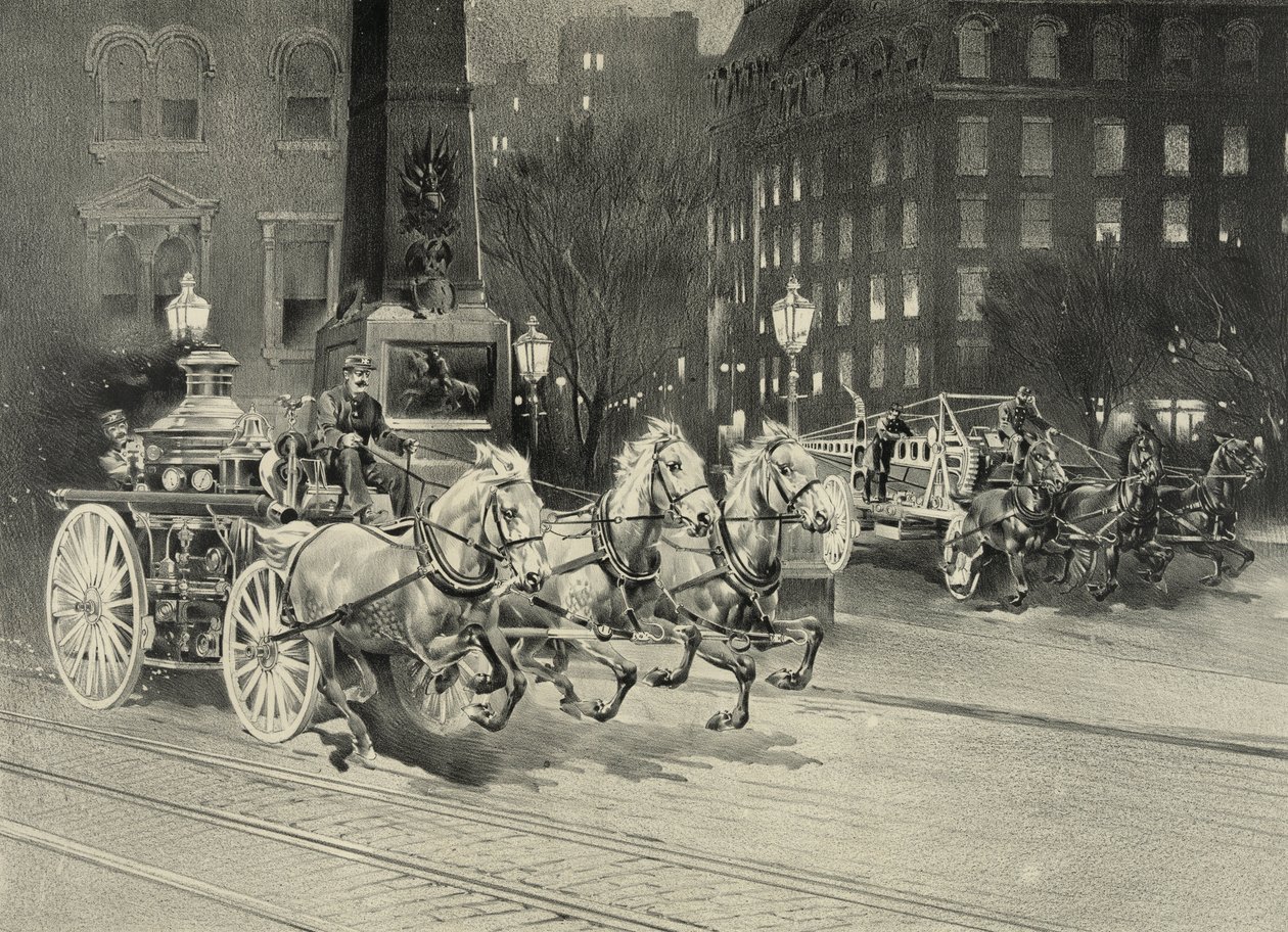 Wóz strażacki ciągnie konie wjeżdżające na miejsce pożaru. USA. 1895 autorstwa Unknown artist