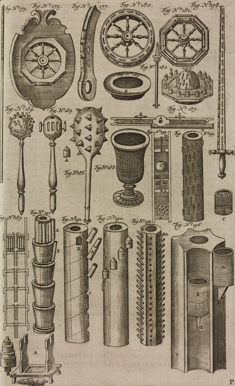 Koła ogniste i wyrzutnie fajerwerków, rycina z Grand Art d
