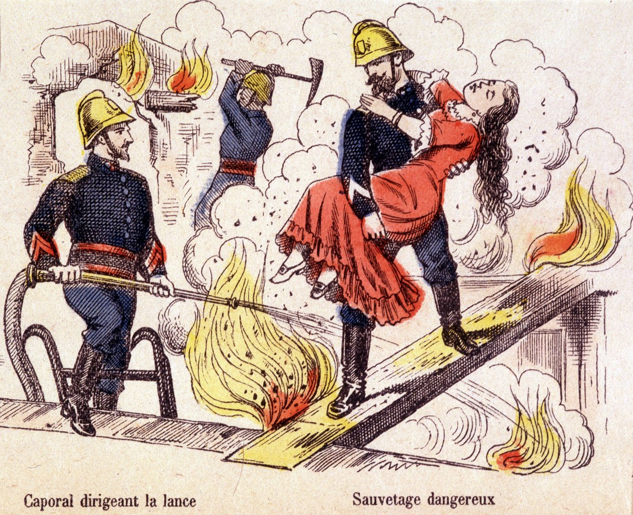 Strażak ratujący młodą kobietę z płomieni pożaru. autorstwa Unknown artist