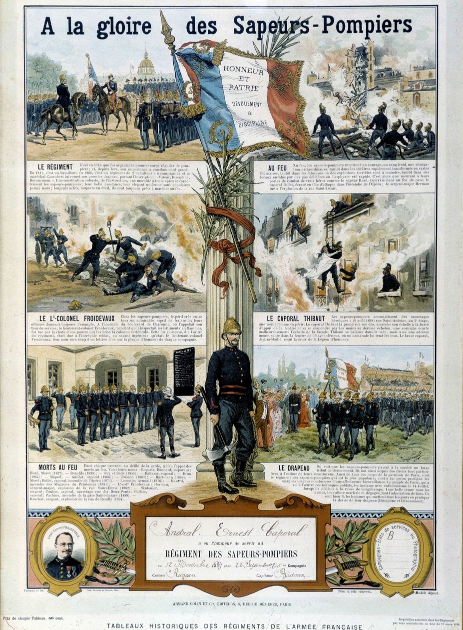 Strażacy: Ku chwale Sapeurów – w „”Historycznych obrazach pułków armii francuskiej”” ok. 1890 r. autorstwa Unknown artist