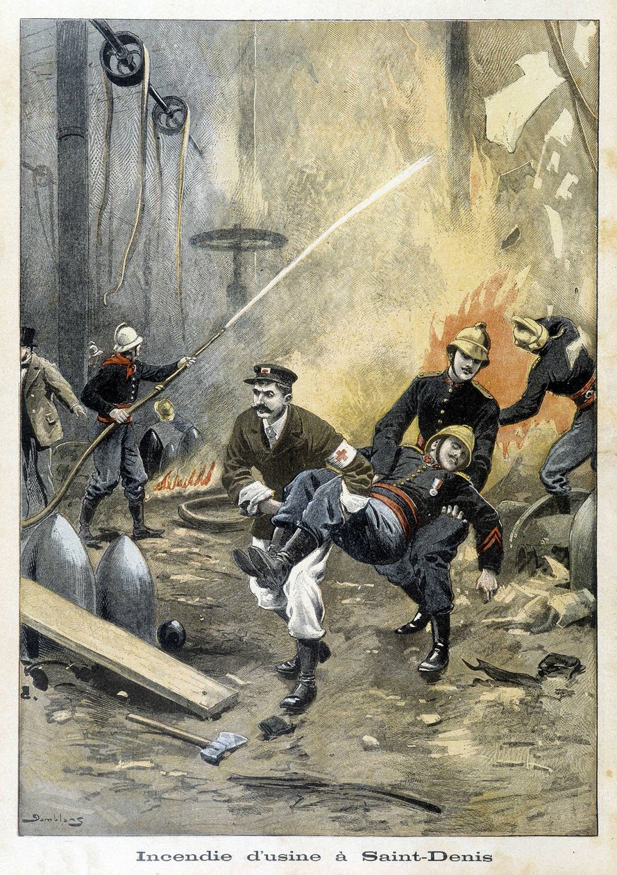 Strażacy interweniujący podczas pożaru w Usine w Saint Denis. Ilustracja do „Petity Journal” z 1899 roku. autorstwa Unknown artist