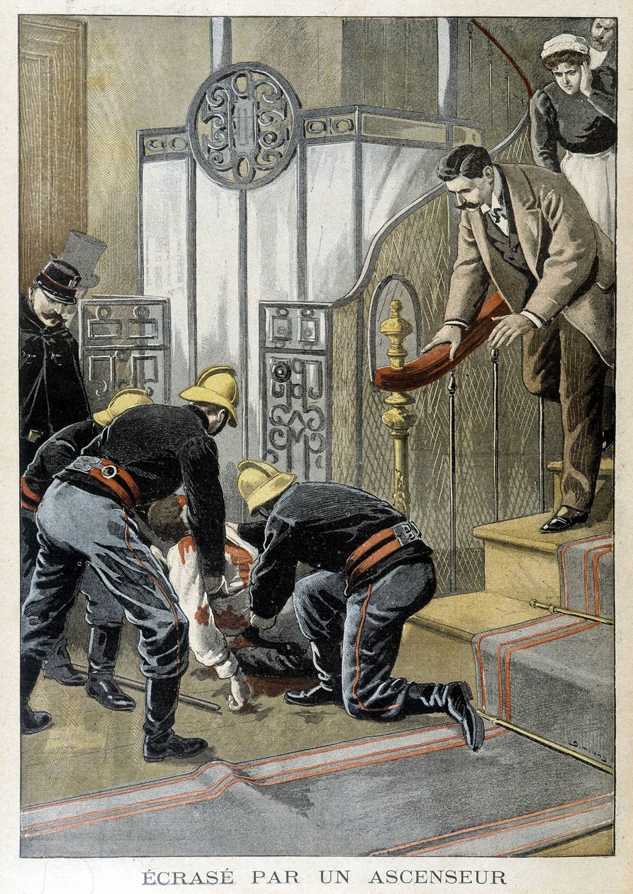Strażacy ratujący mężczyznę rozbijają się pod windą w paryskim budynku. Ilustracja „Małego Dziennika” z 1899 roku. autorstwa Unknown artist