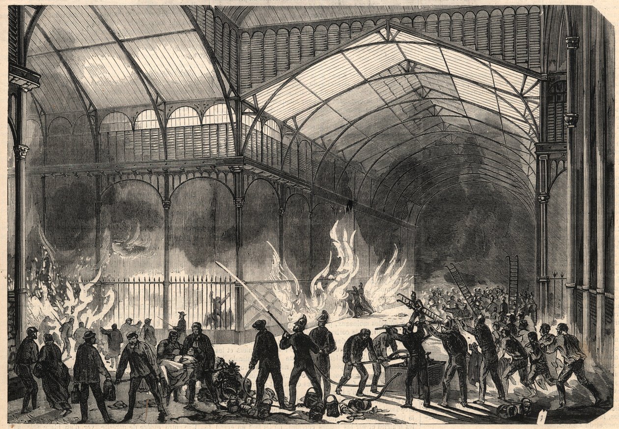 Strażacy próbujący powstrzymać pożar Central Halles w Paryżu, 10 lipca autorstwa Unknown artist