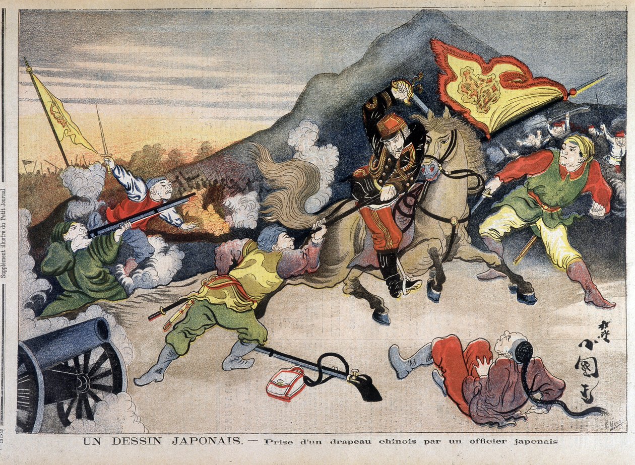 Pierwsza wojna chińsko-japońska - Wojna chińsko-japońska: zdobycie chińskiej flagi przez japońskiego oficera - w "Le Petit Journal" z 29.10.1894 (rycina) autorstwa Unknown artist