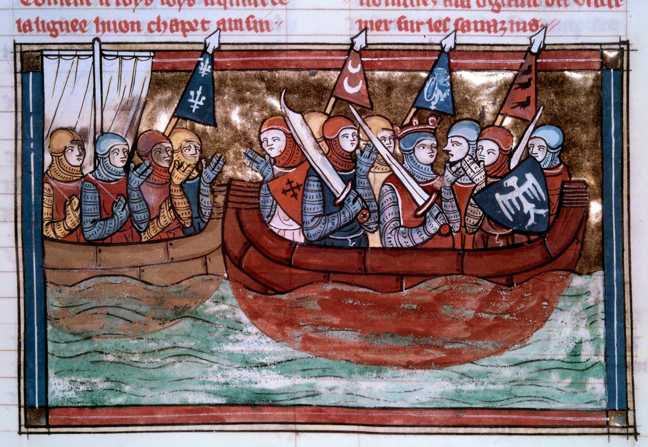 Pierwsza krucjata: Godefroi de Bouillon (1060-1100) i przeprawy w kierunku Ziemi Świętej. Miniatura z „” Roman De Godefroy De Bouillon et de Saladin”” autorstwa Unknown artist