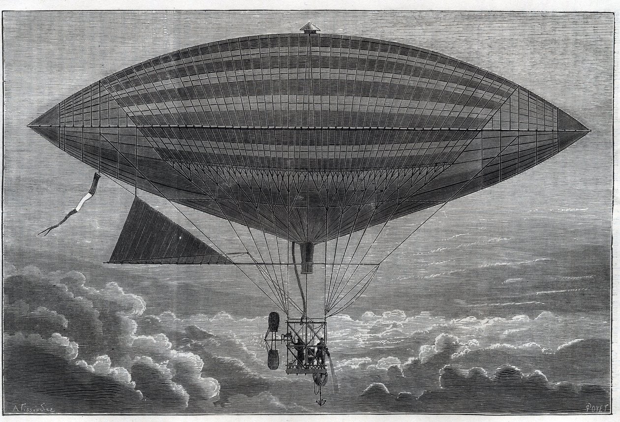 Pierwszy elektryczny aerostat do helisy, eksperymentowany przez Alberta (1839-1906) i Gastona Tissandiera (Tissendier) (1843-1899) francuskiego naukowca, redaktora magazynu „La Nature” w poniedziałek, 8 października autorstwa Unknown artist