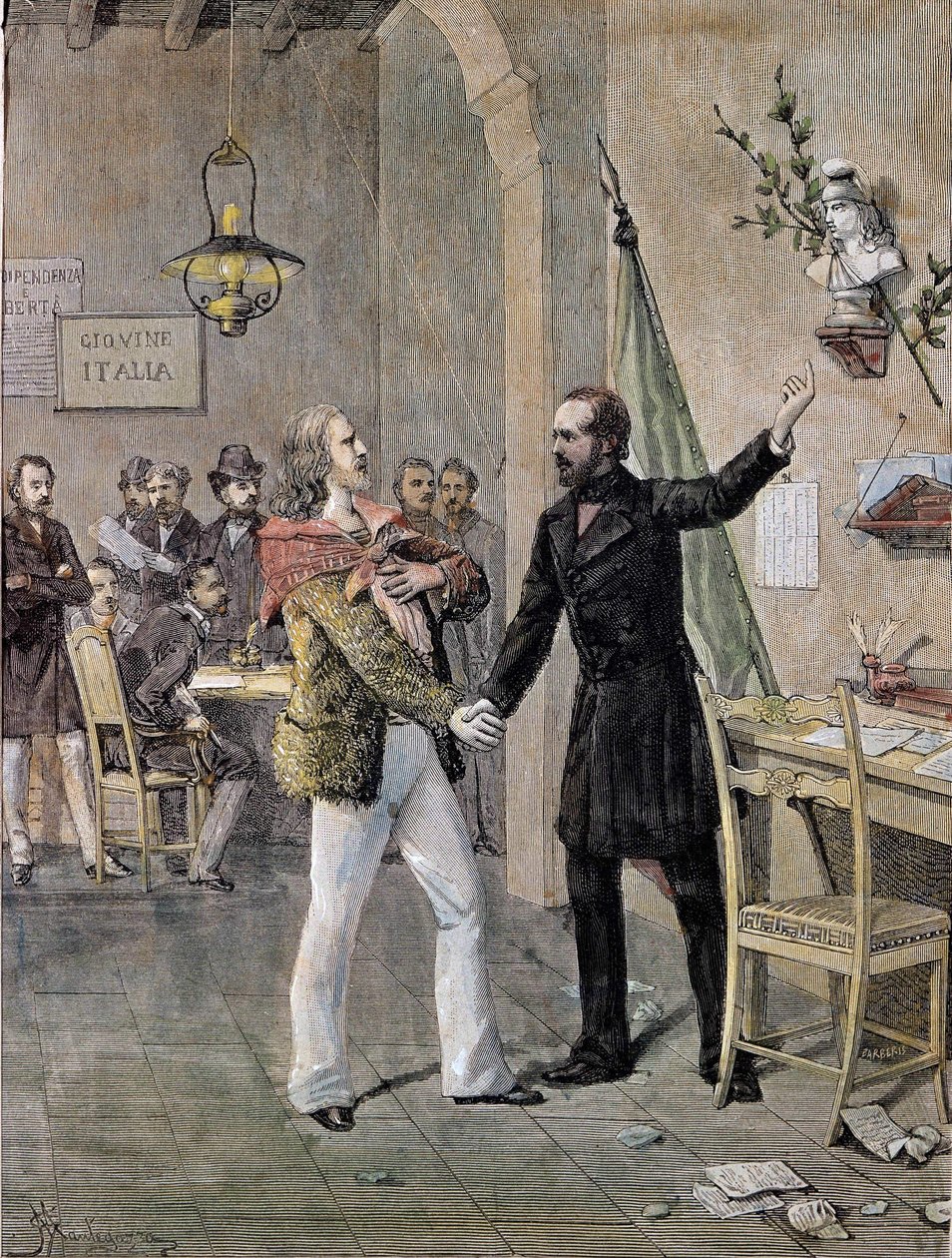 Pierwsze spotkanie Giuseppe Garibaldiego i Giuseppe Mazziniego w Marsylii w 1833 roku (rytowanie) autorstwa Unknown artist