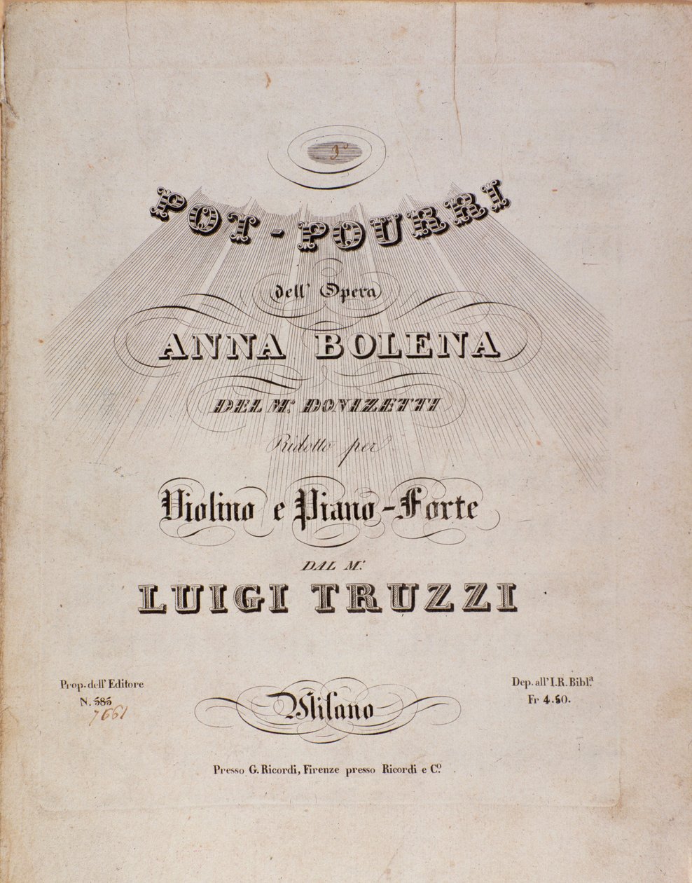 Pierwsza strona nuty pot pourri Anny Boleny, opera Gaetano Donizetti autorstwa Unknown artist