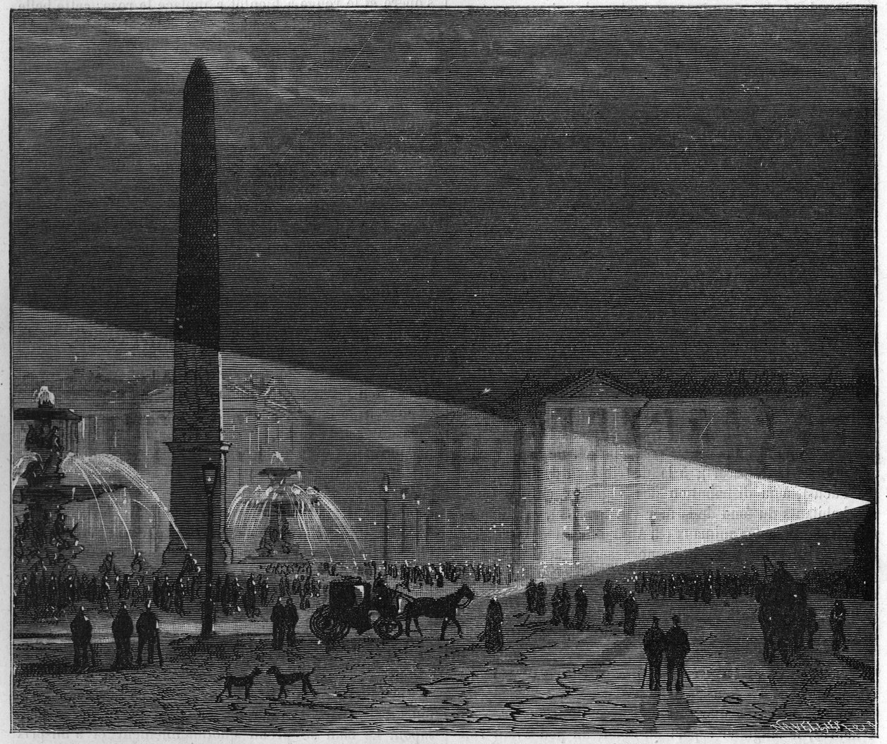Pierwsze publiczne doświadczenie oświetlenia elektrycznego wykonanego w Paryżu na Place de la Concorde przez Deleuila i Leona Foucaulta na targach w grudniu 1844 r. w „La Nature”. Przegląd nauk i ich zastosowań w sztuce i przemyśle.” autorstwa Unknown artist