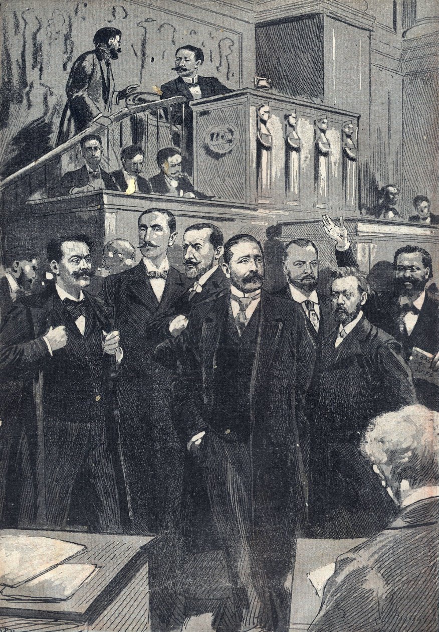 Pierwsze posiedzenie Izby Poselskiej wybranej w 1898 r.: Paul Deschanel (1855-1922), przewodniczący Izby Poselskiej. Paul Adolphe Granier de Cassagnac (1842-1904), Lucien Millevoye (1850-1918), Paul Deroulede (1846-1914), Jacques Piou (1838-1932), Eugen autorstwa Unknown artist