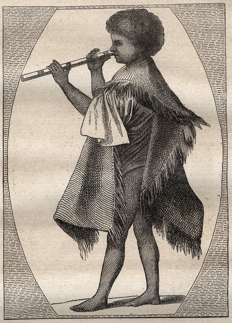 Pierwsza podróż (1768-1771) kapitana Jamesa Cooka (1728-1779): flecista tahitański - ilustracja zaczerpnięta z „Wielkich marynarzy XVIII wieku”” autorstwa Unknown artist