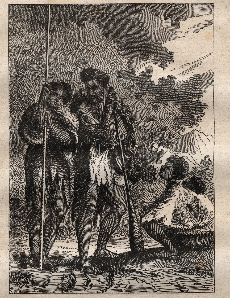 Pierwsza podróż (1768-1771) kapitana Jamesa Cooka (1728-1779): rodzina neozelandzka (Neo Zelandaise) - ilustracja zaczerpnięta z „Wielkich marynarzy XVIII wieku”” autorstwa Unknown artist
