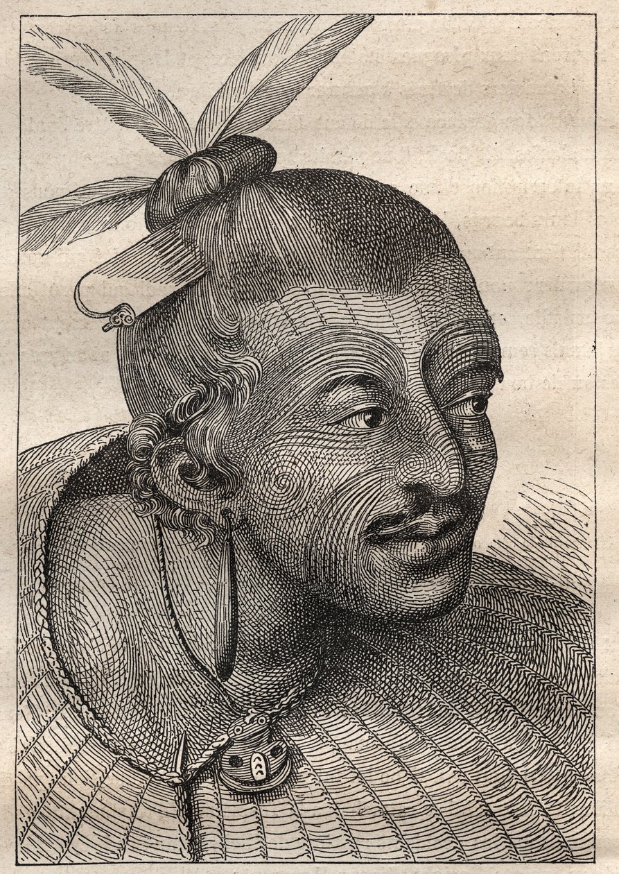 Pierwsza podróż (1768-1771) kapitana Jamesa Cooka (1728-1779): wytatuowana głowa Neo-Zelandais (Neo Zelandais) - ilustracja zaczerpnięta z „Wielkich marynarzy XVIII wieku”” autorstwa Unknown artist