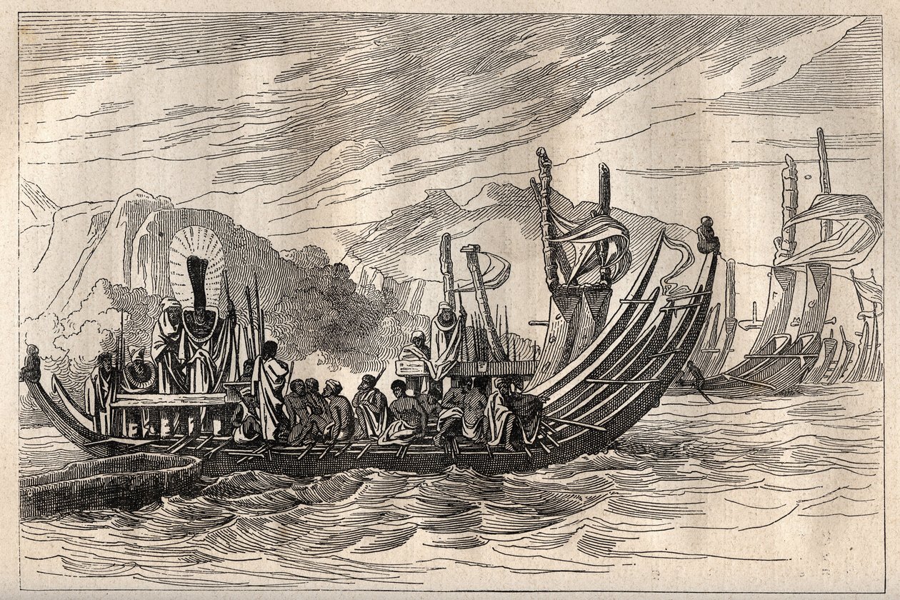 Pierwsza podróż (1768-1771) kapitana Jamesa Cooka (1728-1779): flota Tahiti zebrana w Oparee - ilustracja zaczerpnięta z „Wielkich marynarzy XVIII wieku”” autorstwa Unknown artist