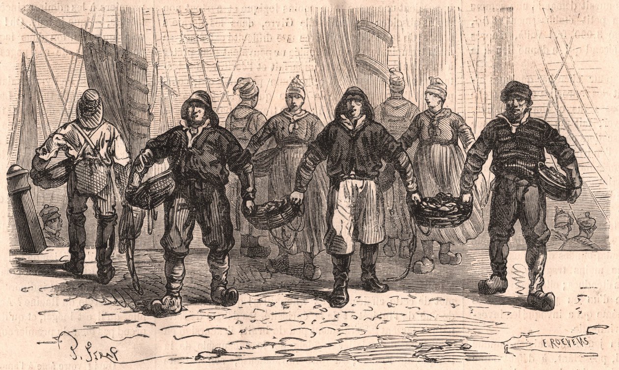 Rybacy z koszami pełnymi ryb na nabrzeżu portu Trouville we Francji autorstwa Unknown