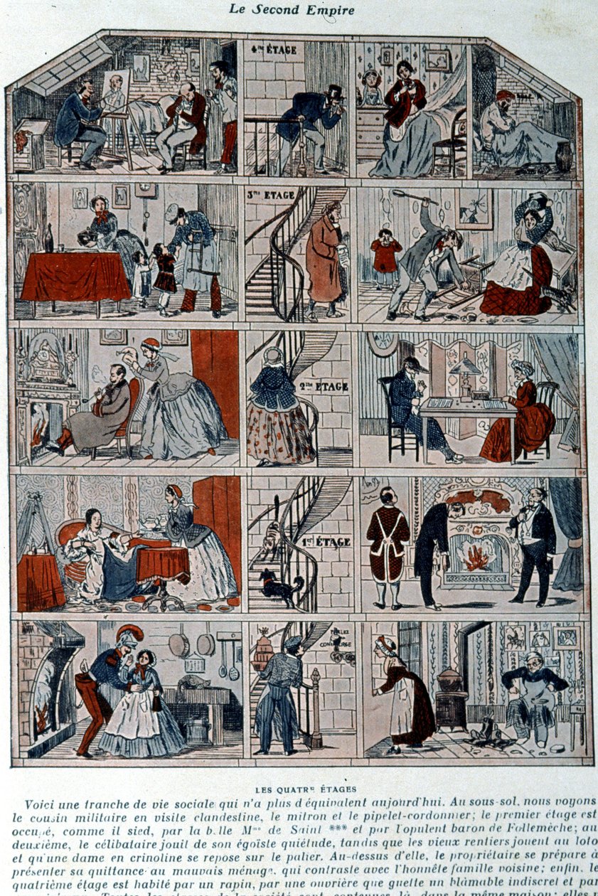 Pięć pięter przedstawia różne klasy społeczne w ramach drugiego imperium. Ilustracja przedstawiona jako przekrój paryskiego budynku. autorstwa Unknown artist