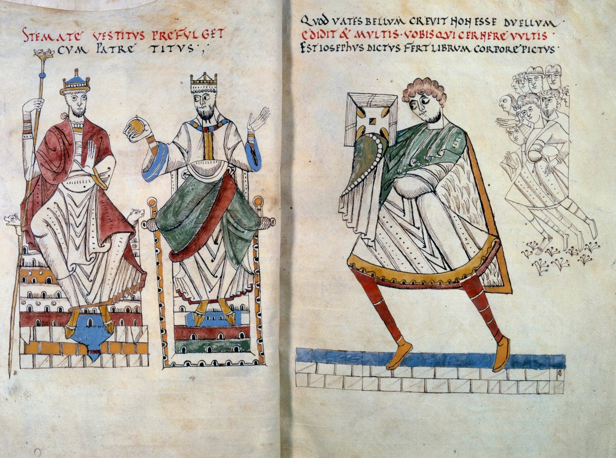 Flawiusz Józef (pierwotnie Yossef ben Matityahu, greckojęzyczny historyk żydowski (37-100) oferujący swoją książkę cesarzom Tytusowi i Wespazjanowi. Miniatura zaczerpnięta z „”De Bello Judaico (Wojna Żydów)”” (folio 2 i 3) autorstwa Unknown artist