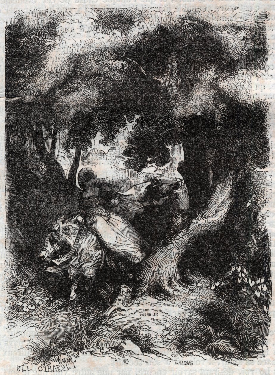 Ucieczka Angeliki (Angelica) podczas bitwy - rycina z 1851 r. z „”Wściekły Roland”” (Orlando furioso) (XVI w.) Ludovico Ariosto, zwanego Ariosta - Wydanie przetłumaczone z włoskiego przez hrabiego Tressan i wydane przez Gustave Harva autorstwa Unknown artist