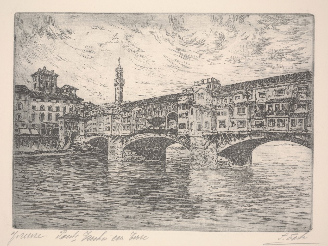 Florencja, Ponte Vecchio z Wieżą, prawdopodobnie koniec XIX wieku (akwaforta) autorstwa Unknown artist