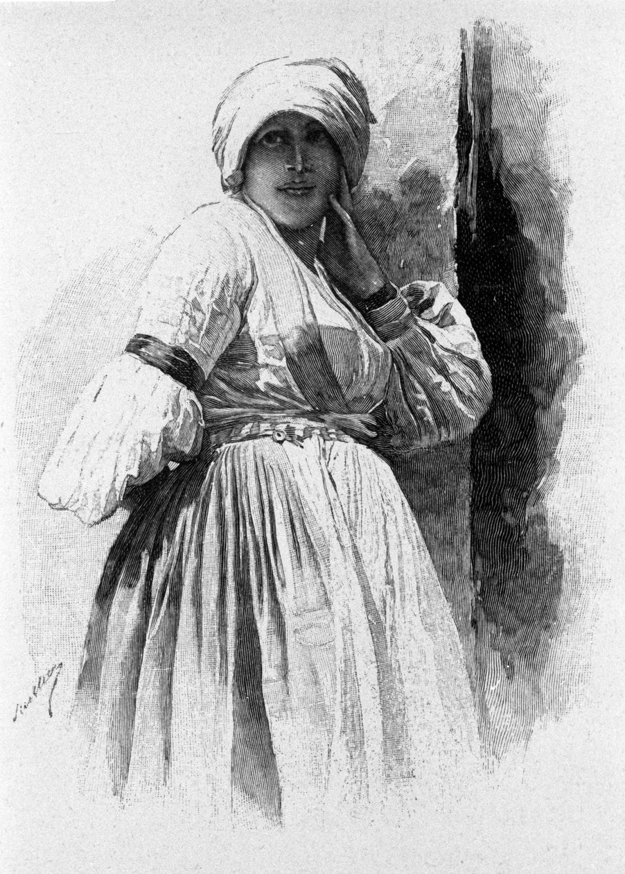 Folklor: kobieta w tradycyjnym stroju Piana degli Albanesi. Sycylia Grawerowanie z XIX wieku autorstwa Unknown artist