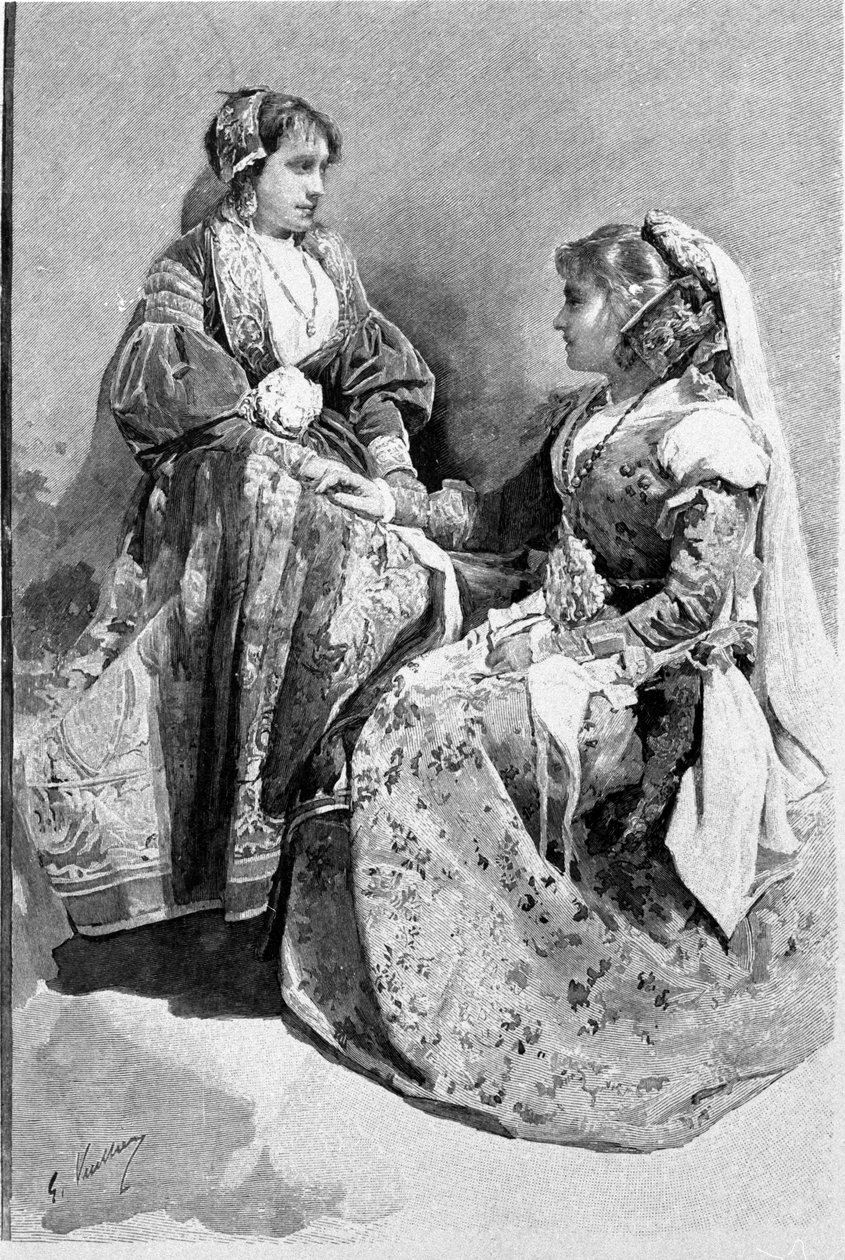 Folklor: kobiety ubrane w tradycyjne stroje ślubne, Sycylia. Grawerowanie z XIX wieku. autorstwa Unknown artist