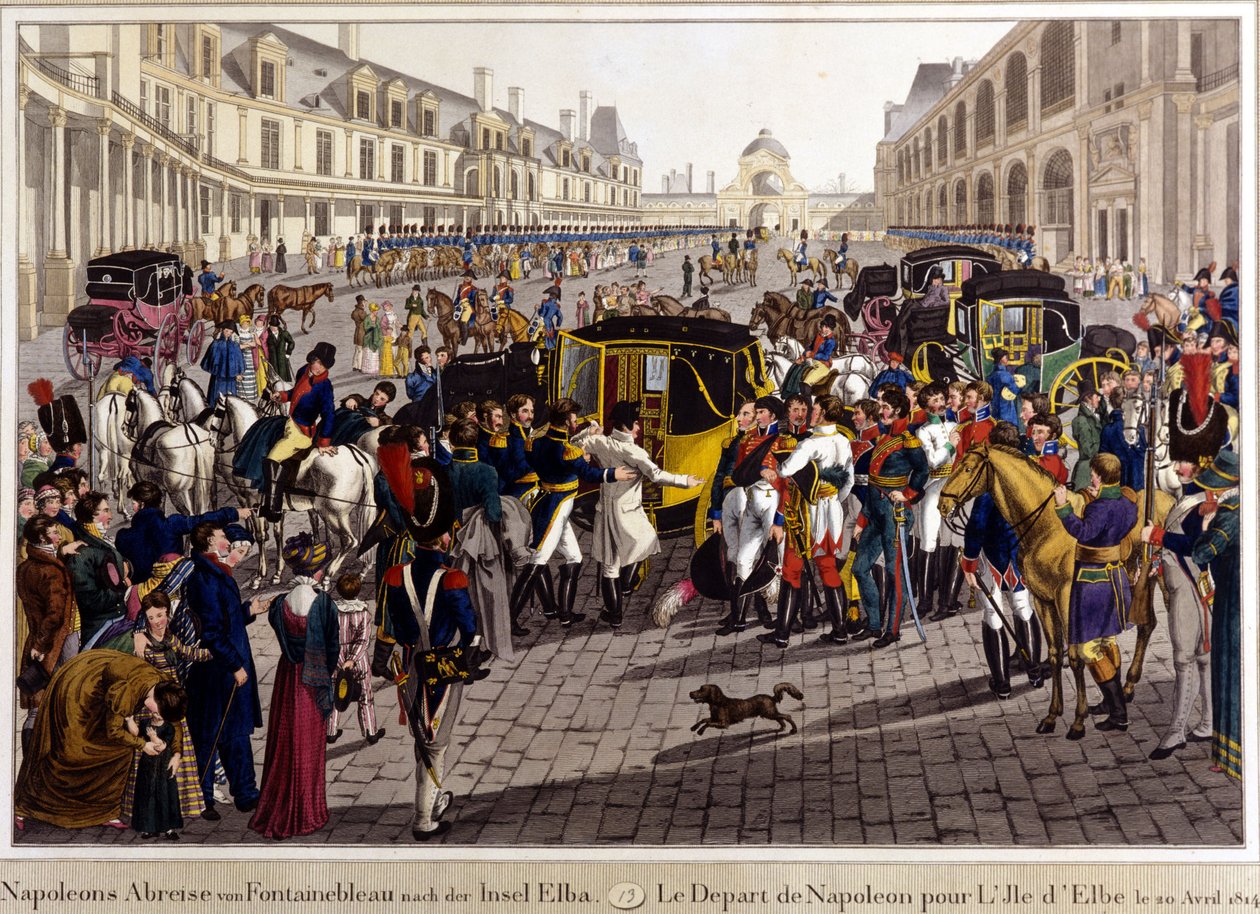 Fontainebleau. Wyjazd Napoleona Bonaparte na wyspę Elbę. 20.04.1814. Rycina XIX wieku. autorstwa Unknown artist