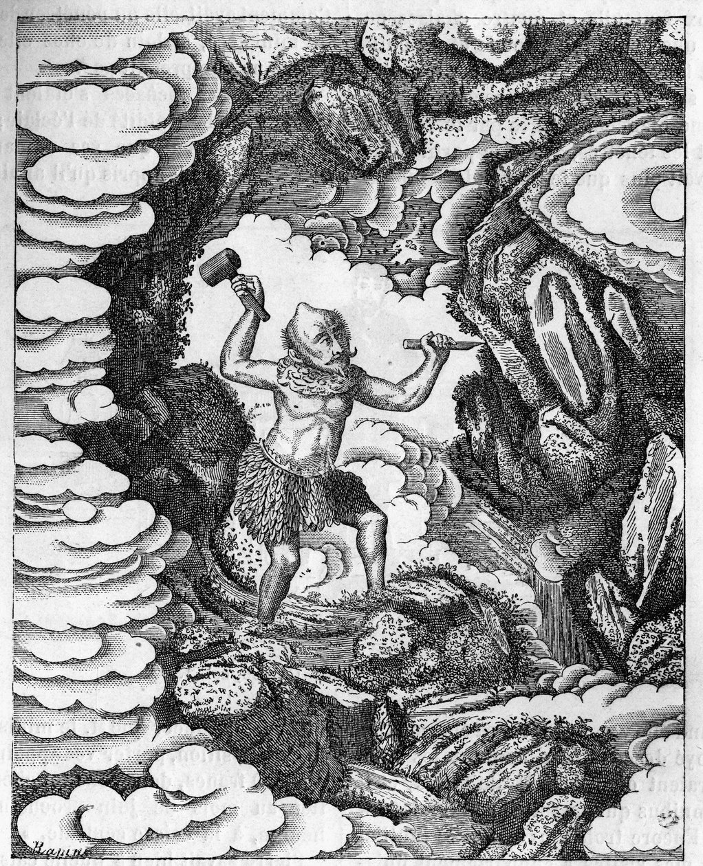Powstawanie światów: chiński bóg Pan-Kou-Che rzeźbi korę ziemi. Grawerowanie w „Le journal de la jeunesse”” autorstwa Unknown artist