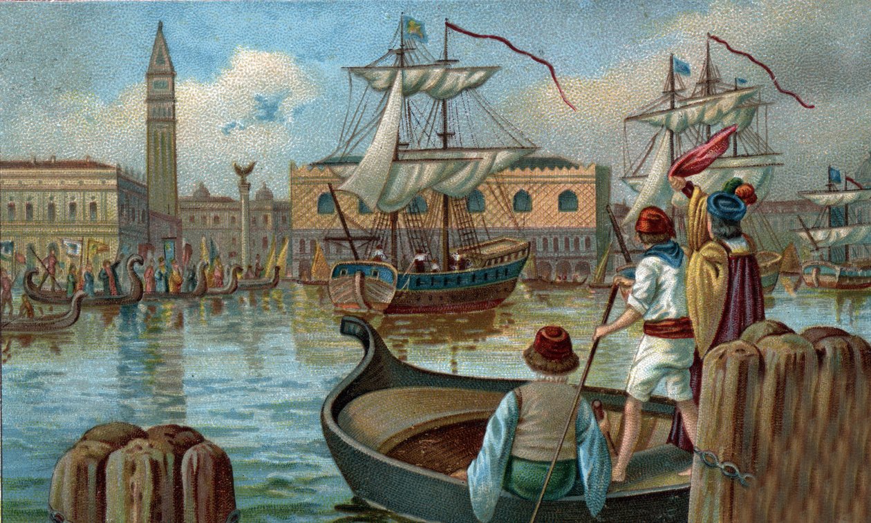 Dawne centra handlowe: powrót floty weneckiej do Wenecji w XIX wieku. Chromolitografia z końca XIX wieku autorstwa Unknown artist