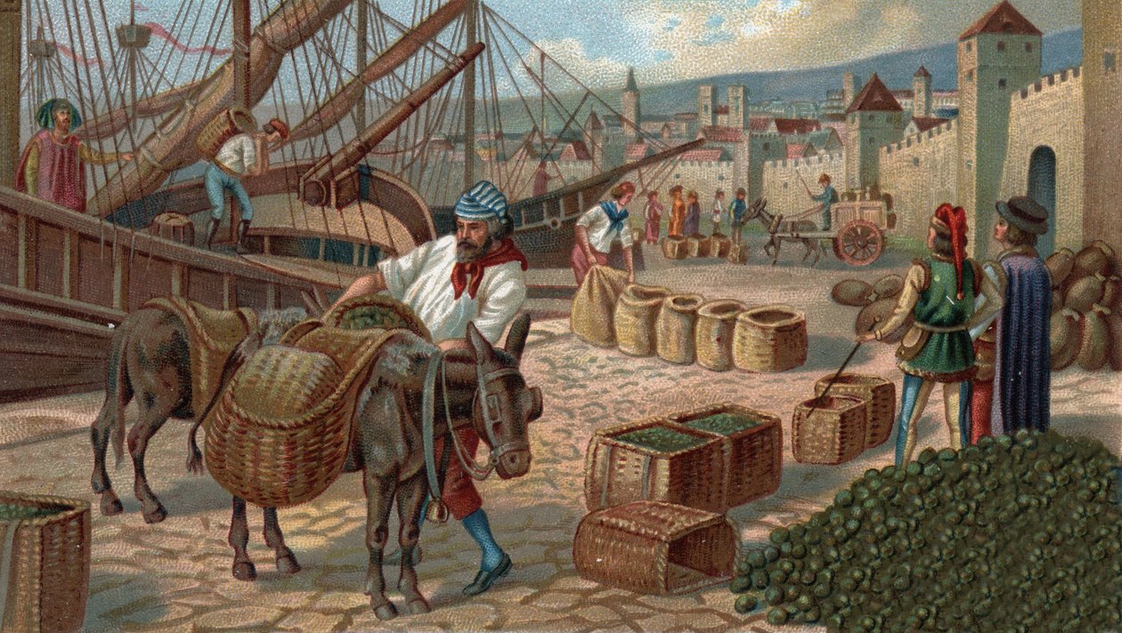 Dawne centra handlowe: transport fig do Marsylii w średniowieczu. Chromolitografia z końca XIX wieku autorstwa Unknown artist
