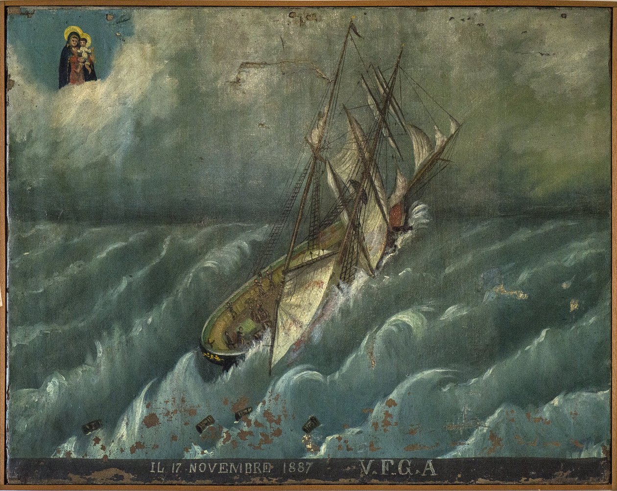 Były żeglarz woto (ex voto), popularna propozycja jako rękojmia oddania i wdzięczności żeglarza przeżywającego niebezpieczeństwa morza, pochodzącego z kościoła Carmine, Torre del Greco, niedaleko Neapolu autorstwa Unknown artist