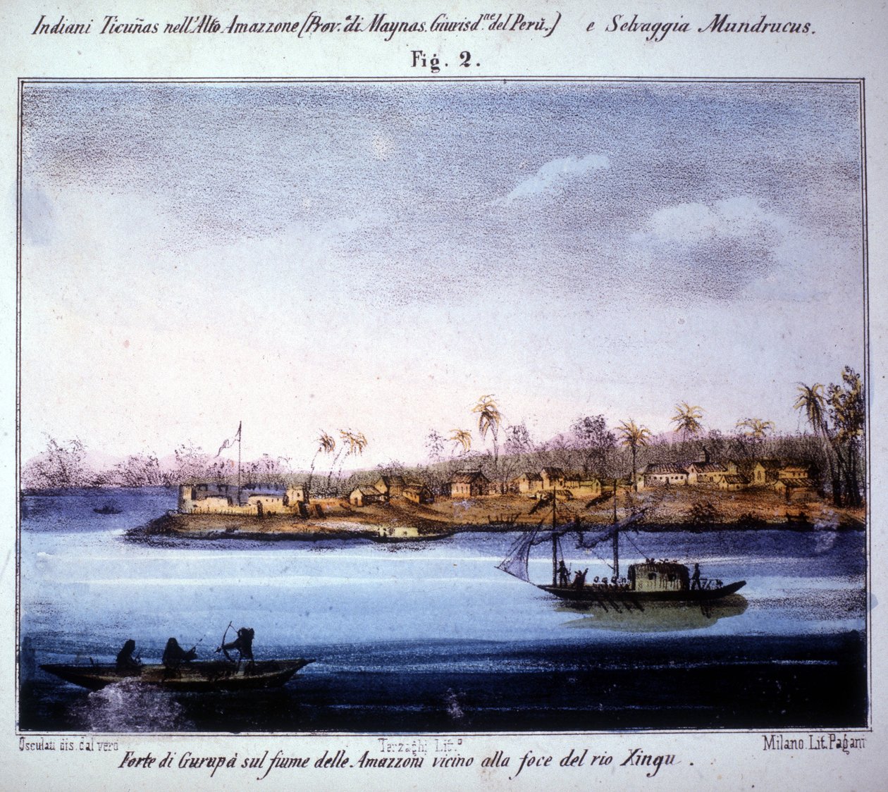 Twierdza Gurupà nad Amazonką, w pobliżu ujścia Rio Xingu w Ekwadorze. Grawerunek z lat 1846 - 1848. autorstwa Unknown artist